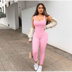 NWT Pink One Piece Ribbed Square Neck Jumpsuit L